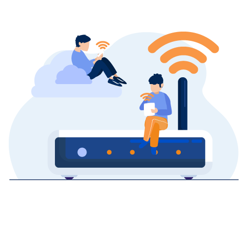 Illustration bleue et orange de deux personnages assis sur un routeur 4G/5G allumé et profitant d'une connexion réseau optimal