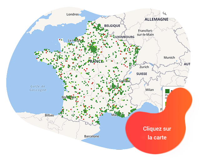 Illustration d'une carte de la France schématique représentant en points verts les zones de couverture réseau 4G/5G