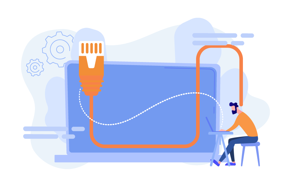 Illustration bleue et orange d'un ordinateur raccordé à la fibre grâce au déploiement d'un câble