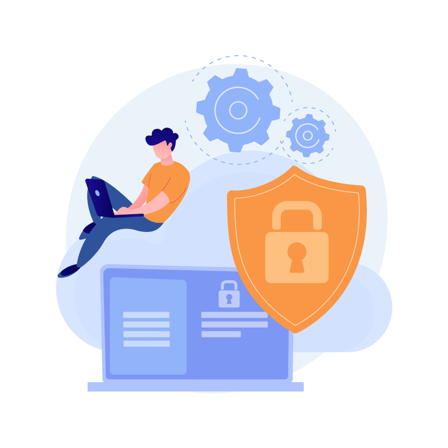 Illustration bleue et orange d'un personnage accès utilisant un ordinateur protégé symbolisé par un bouclier contenant un cadenas