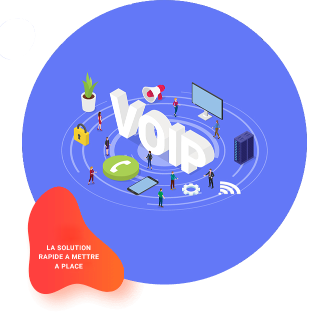 Illustration bleue représentant divers éléments de communication à distance gravitant autour du mot VoIP