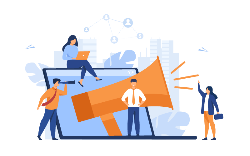 Illustration bleue et orange de quatres personnes regroupé autour d'un ordinateur portable sur lequel est dessiné un megaphone