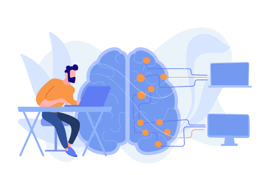 Illustration bleue et orange ou un personnage possède un accès internet fluide depuis ses ordinateurs