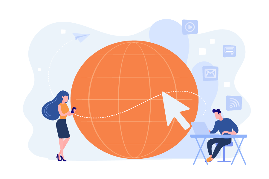 Illustration bleue et orange de deux personnage possédant un accès trés haut débit au réseau internet