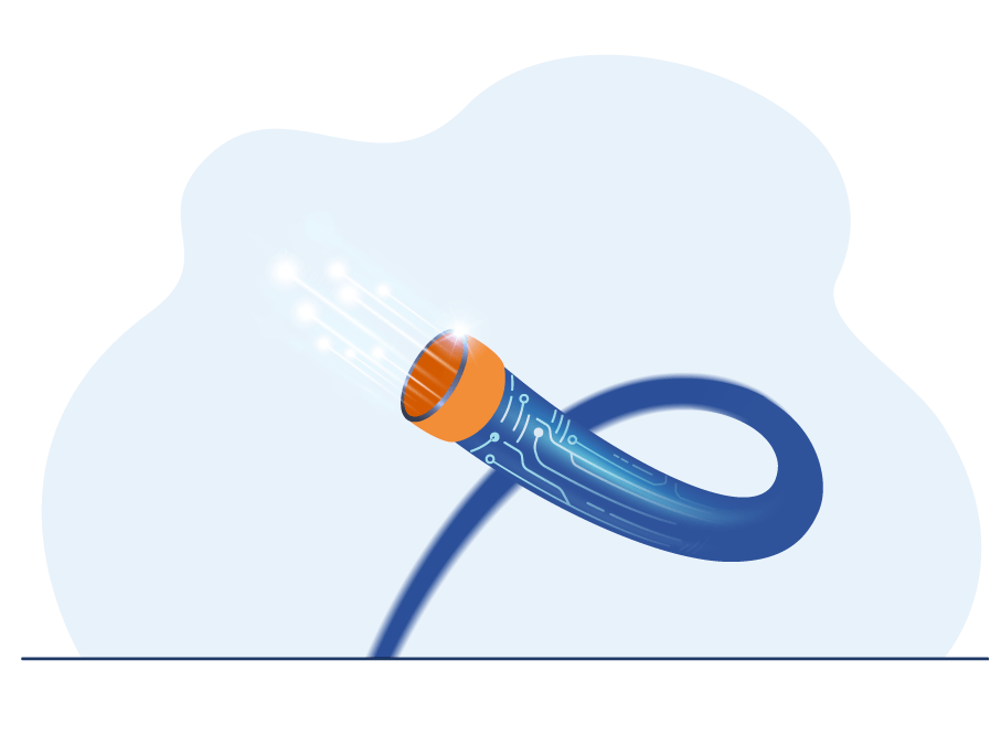 Illustration bleue et orange d'un fil de fibre optique en fonctionnement