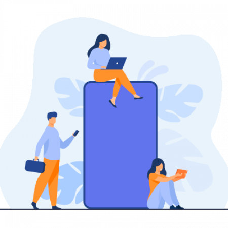 Illustration bleue et orange de trois personne équipe d'appareils connecté tel que l'ordinateur, le smartphone et la tablette
